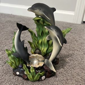Three Dolphins with Clam and Pearl Porcelain Figurine 6.75" Tall